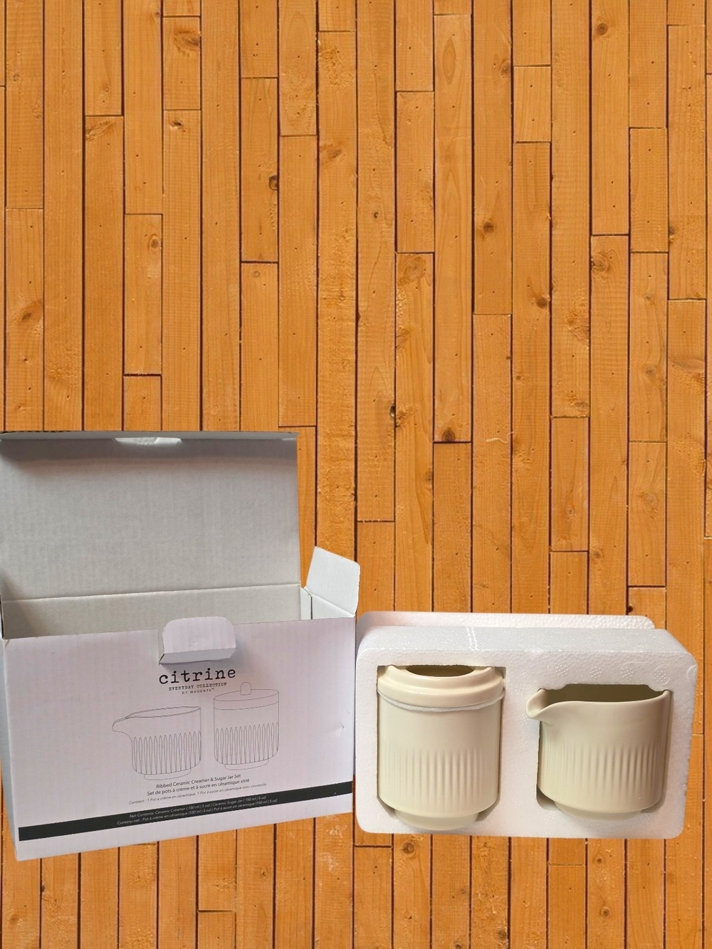 Citrine by Magenta Ribbed Ceramic Creamer & Sugar Jar Set NIB Neutral Kitchen